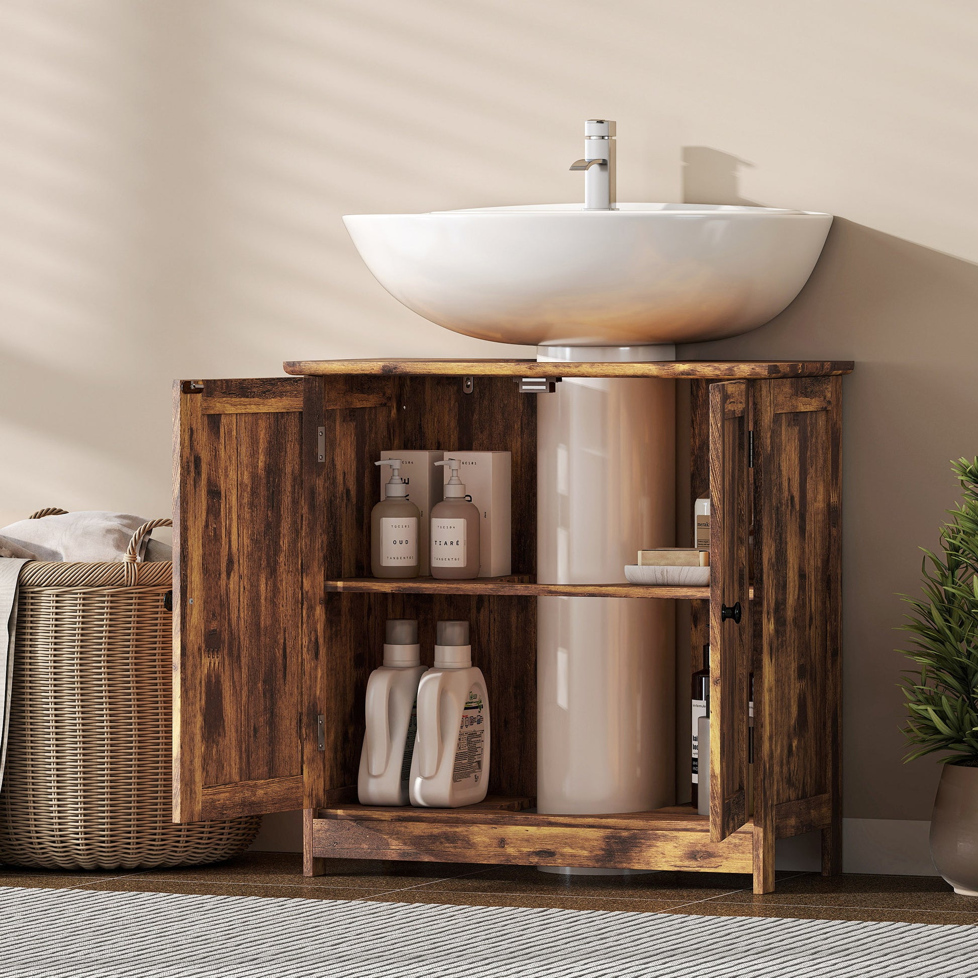 Bathroom Vanity Cabinet, Under Sink Bathroom Cabinet with 2 Doors and Adjustable Shelf, Rustic Brown
