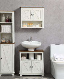Modern Farmhouse Bathroom Sink Cabinet, Pedestal Sink Storage Cabinet with Double Doors and Shelves, White