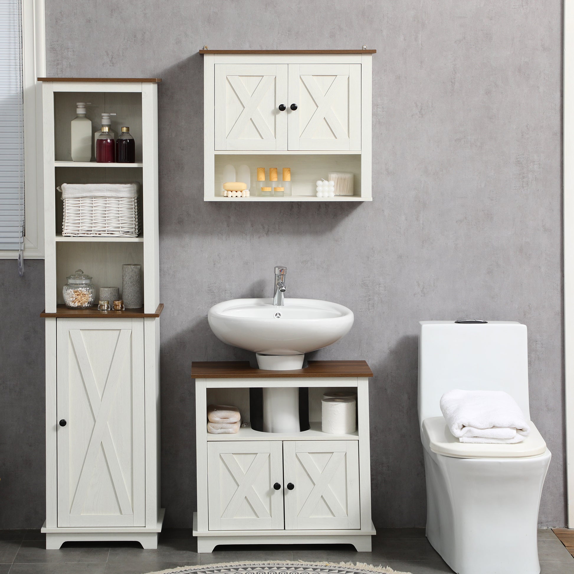 Modern Farmhouse Bathroom Sink Cabinet, Pedestal Sink Storage Cabinet with Double Doors and Shelves, White