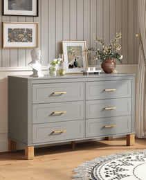 6-Drawer Double Dresser In Gray, Modern Storage Cabinet With Metal Handles & Solid Wood Legs, Dresser Drawer Organizer For Kids Bedroom, Heavy-Duty Wooden Dresser With Pre-Installed