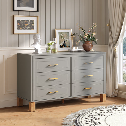 6-Drawer Double Dresser In Gray, Modern Storage Cabinet With Metal Handles & Solid Wood Legs, Dresser Drawer Organizer For Kids Bedroom, Heavy-Duty Wooden Dresser With Pre-Installed