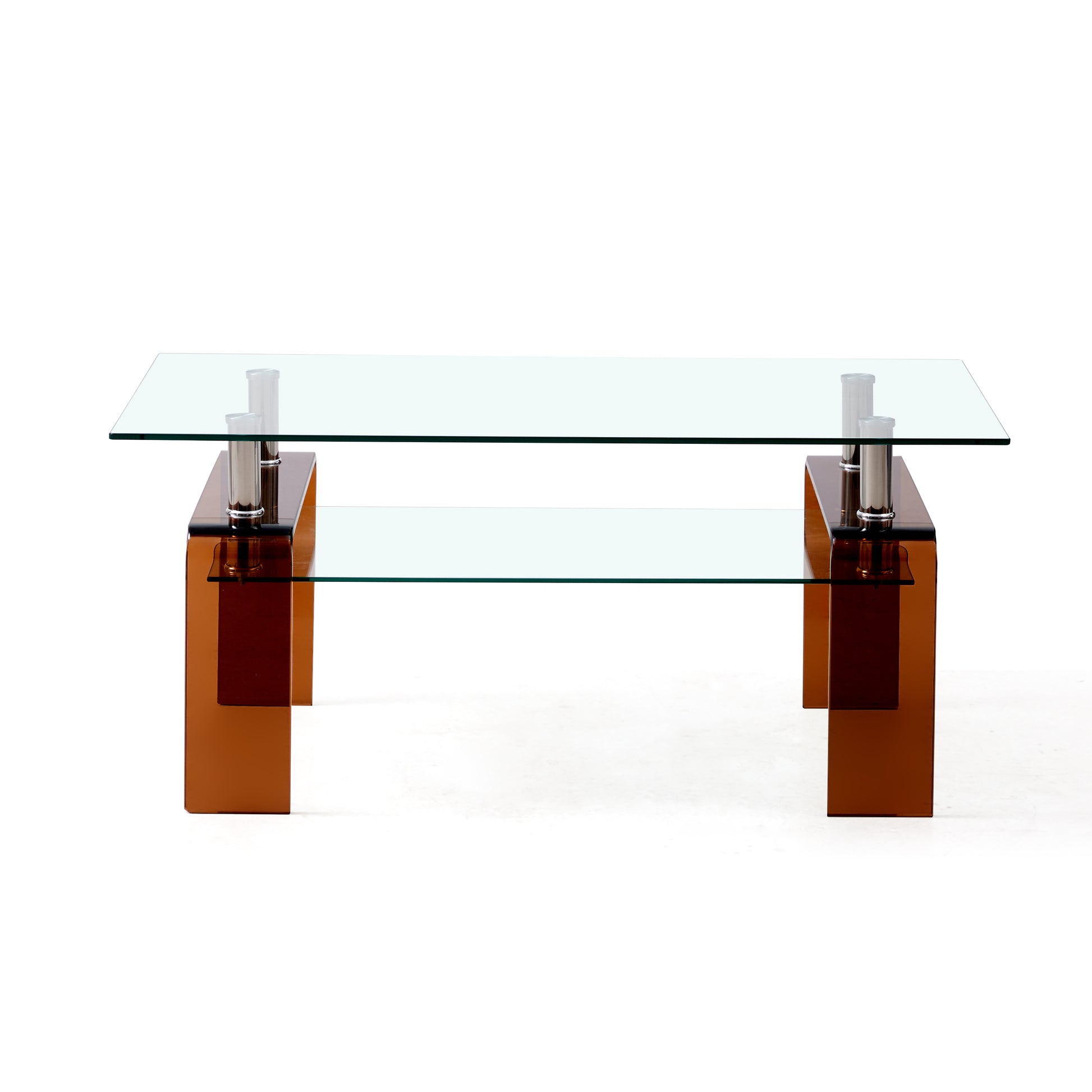 Tempered Glass Coffee Table, Modern Glass Coffee Table For Living Room, 2-Tier Storage Center Coffee Table With Brown Legs