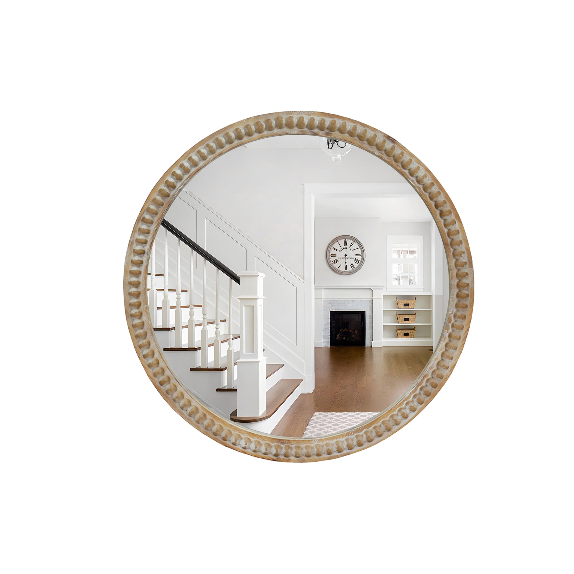 Round Decorative Wall Mirror, 27.5  Distressed Wood Beaded Frame Mirror For Entryway, Living Room, Bathroom, Farmhouse Style Accent Mirror