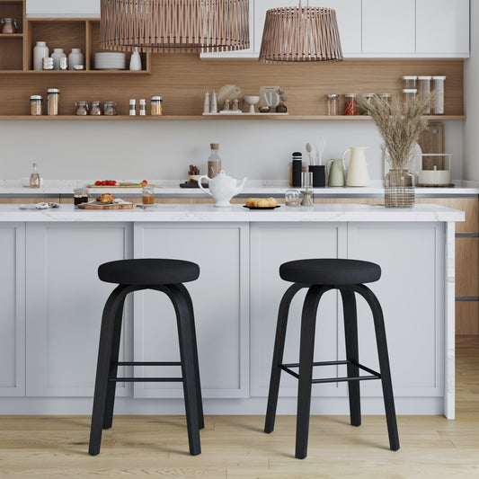 Swivel Bar Stools Set Of 2, Bar Height Backless 30 Bar Stool, Fabric Upholstered Seat, Sturdy Wood Legs And Metal Footrest, Mid-Century Modern Island Stools For Home Bars, Restaurants, All-black