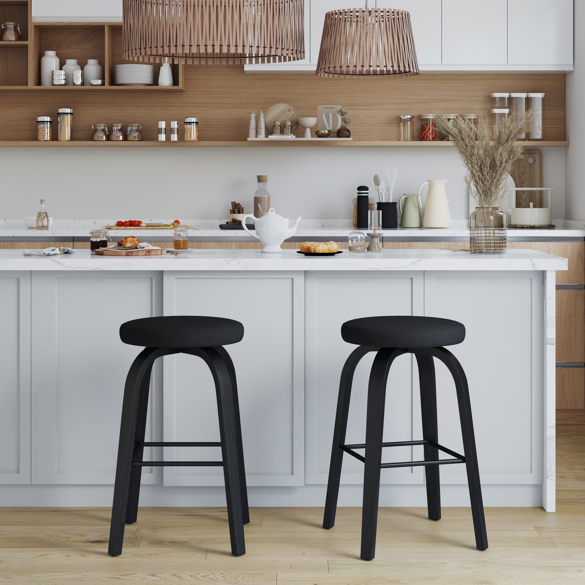 Swivel Bar Stools Set Of 2, Bar Height Backless 30 Bar Stool, Fabric Upholstered Seat, Sturdy Wood Legs And Metal Footrest, Mid-Century Modern Island Stools For Home Bars, Restaurants, All-black