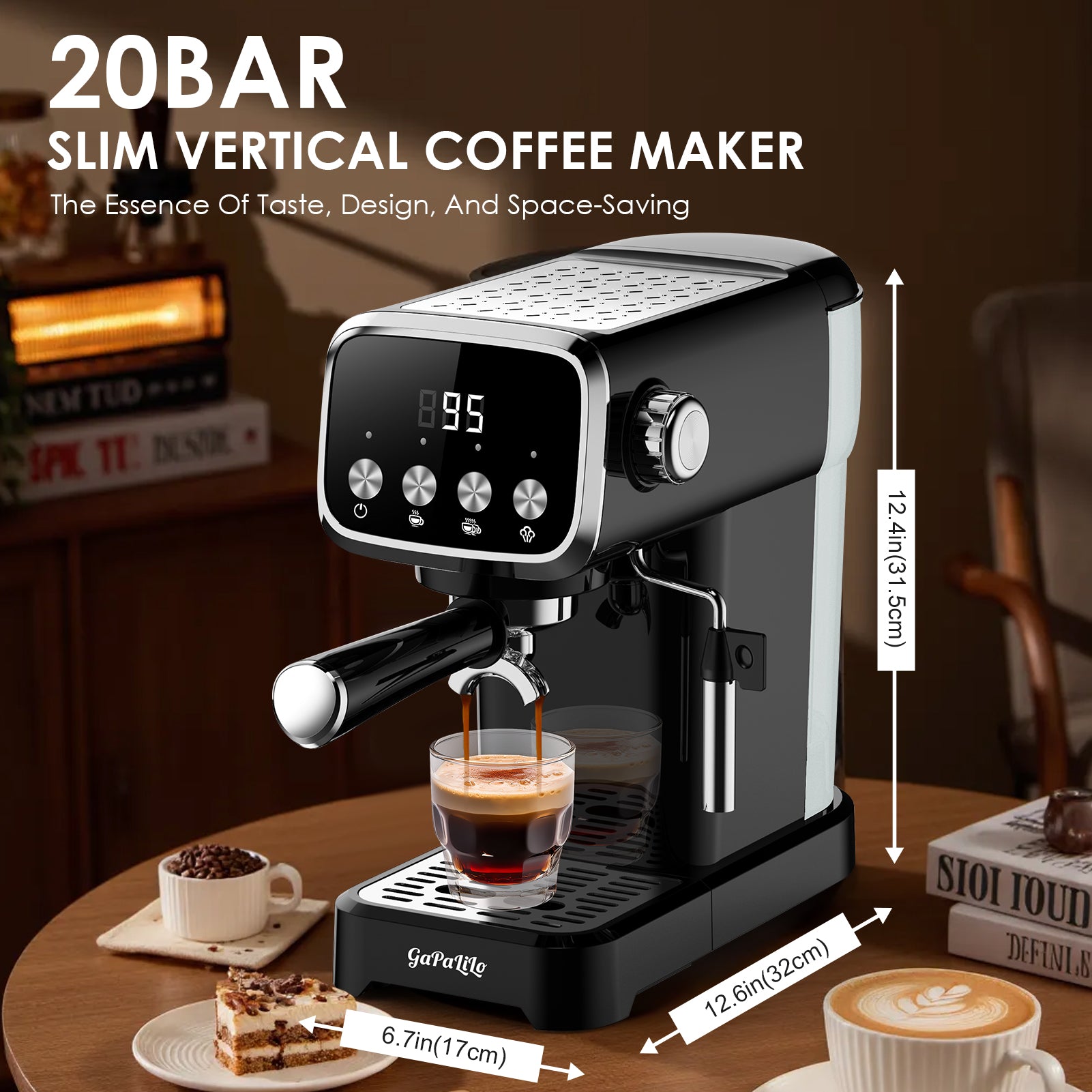 20 BAR Slim Espresso Machine With Milk Frother, Cup Warmer, 43 OZ Detachable Tank, For Espresso, Americano, Latte, Space-Saving, Screen Button, Black, Amazon Resale Prohibited