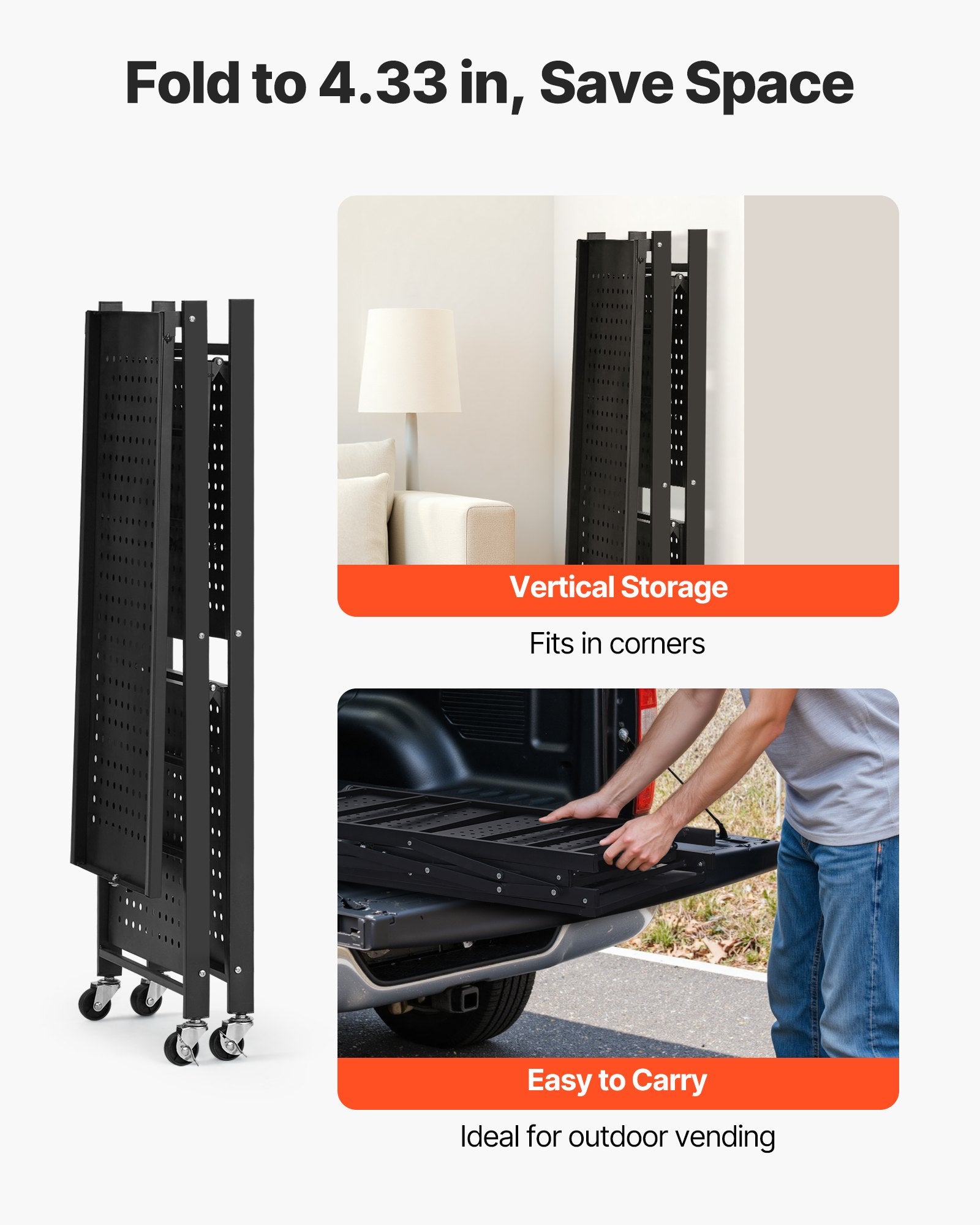 3-Tier Foldable Storage Shelf, 28W X 13D X 36H Inch Folding Metal Rack Shelving Unit, No Assembly Organizer Shelf With 5 Wheels & 4 Hooks For Pantry, Kitchen, Garage, Basement, Black