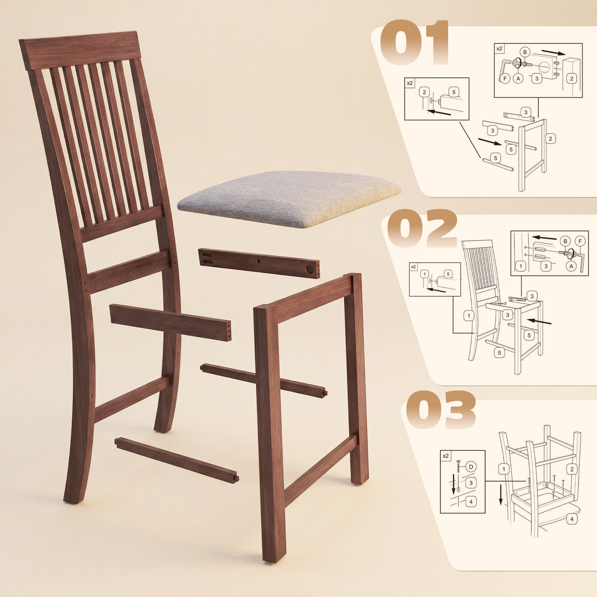 Counter Height Bar Stools with Padded Seat, High Back Kitchen Chairs Set of 2 for Dining Room, Gray and Dark Brown