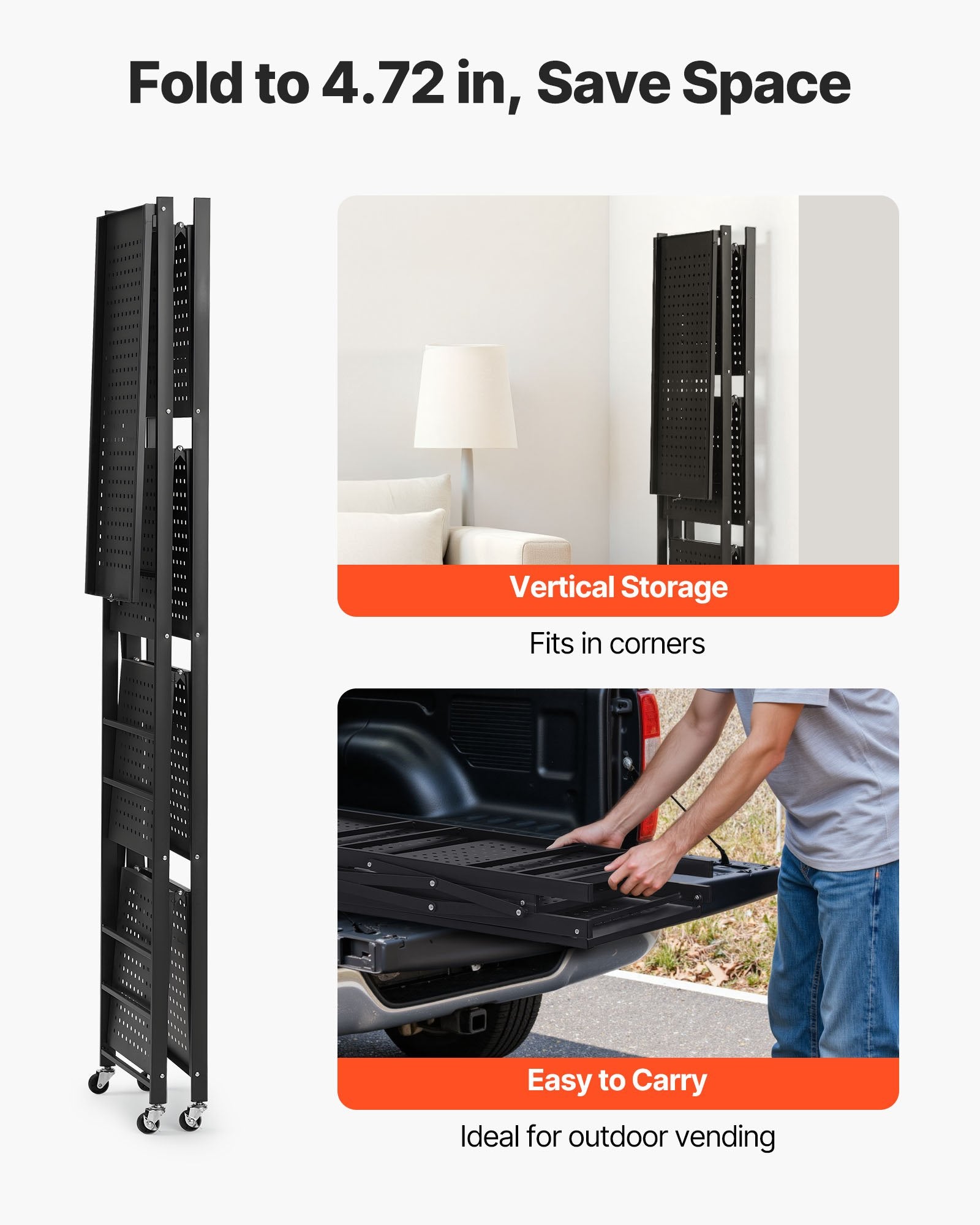 5-Tier Foldable Storage Shelf, 28W X 13D X 66H Inch Folding Metal Rack Shelving Unit, No Assembly Organizer Shelf With 5 Wheels & 4 Hooks For Pantry, Kitchen, Garage, Basement, Black