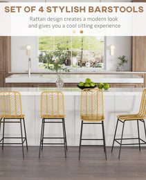 Set Of 4 Rattan Barstools Wicker Counter Stools With Steel Legs And Footrest For Dining Room Kitchen Pub Yellow