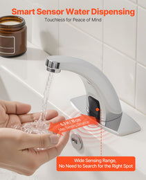 Touchless Bathroom Sink Faucet, Automatic Motion Sensor Restroom Toilet Faucet With Hole Cover Plate, Battery Operated,Hot/Cold Water For 9/16 In Pipe Commercial Lavatory,Chrome Plated Silver