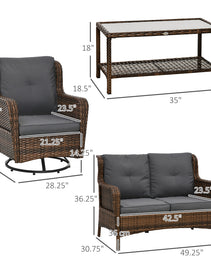 4 Piece PE Rattan Outdoor Patio Furniture Set, Wicker Conversation Set with 2 Swivel Glider Chairs, 2-Tier Glass Table and Loveseat for Garden, Patio, Poolside, Gray