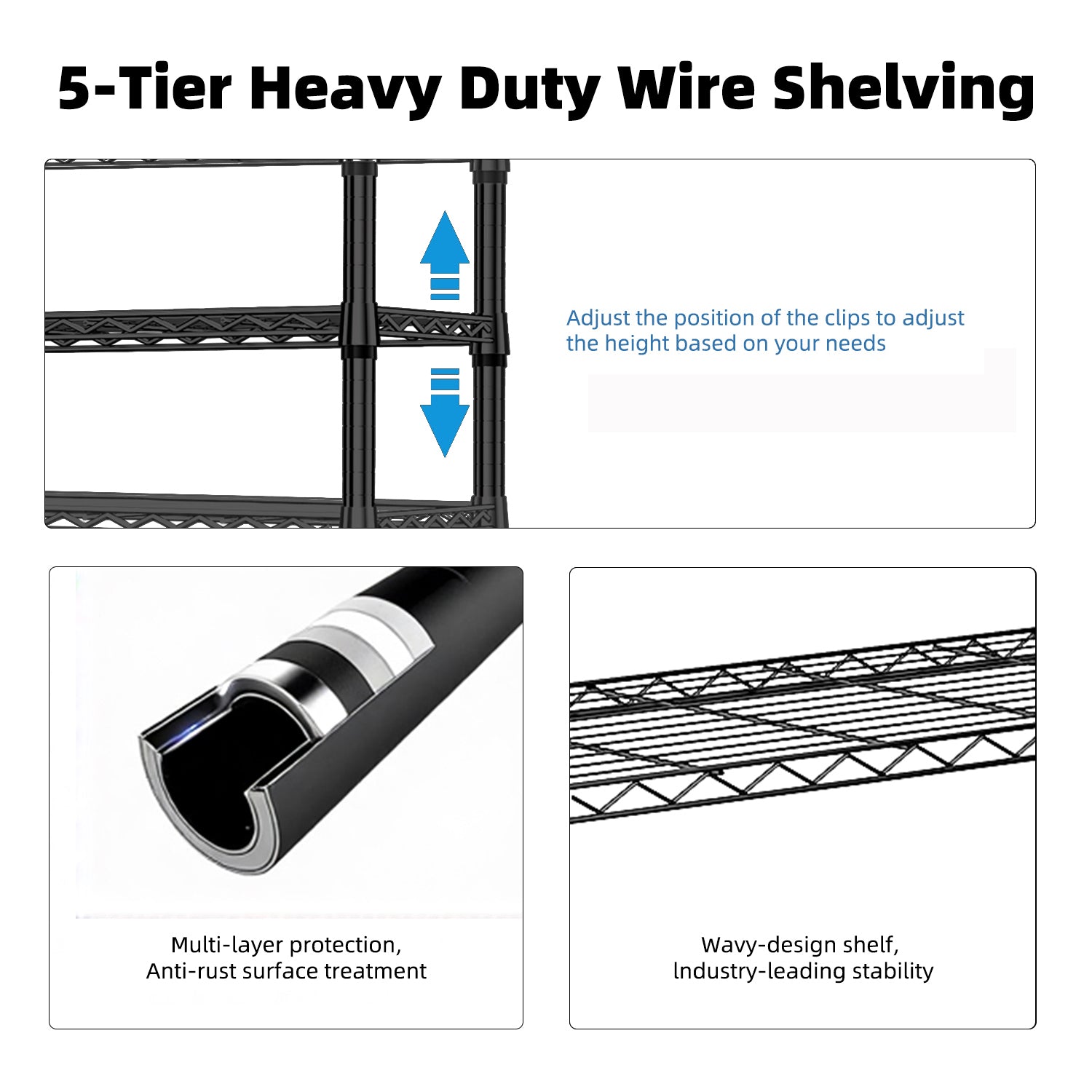 1250 Lbs Steel Heavy Duty 5-Tier Utility Shelving Unit Steel Organizer Wire Rack For Home,Kitchen,Office,Black  13.8  D X 23.6  W X 62.4  H