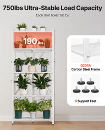 5-Tier Foldable Storage Shelf, 28 W X 15D X 64H Inch Folding Metal Rack Shelving Unit, No Assembly Organizer Shelf With 5 Wheels & 4 Hooks For Pantry, Kitchen, Garage, Basement, White