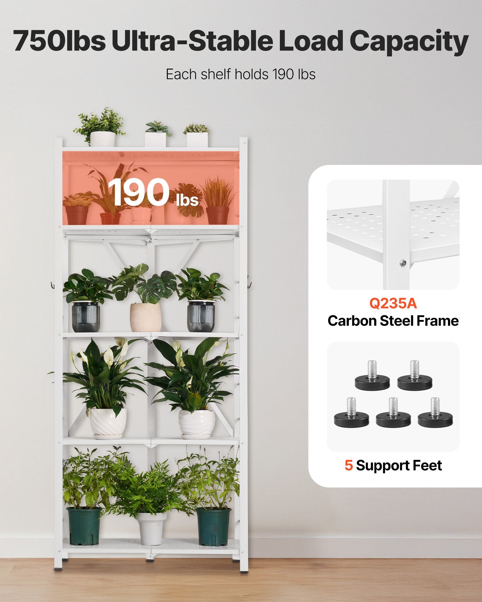 5-Tier Foldable Storage Shelf, 28 W X 15D X 64H Inch Folding Metal Rack Shelving Unit, No Assembly Organizer Shelf With 5 Wheels & 4 Hooks For Pantry, Kitchen, Garage, Basement, White