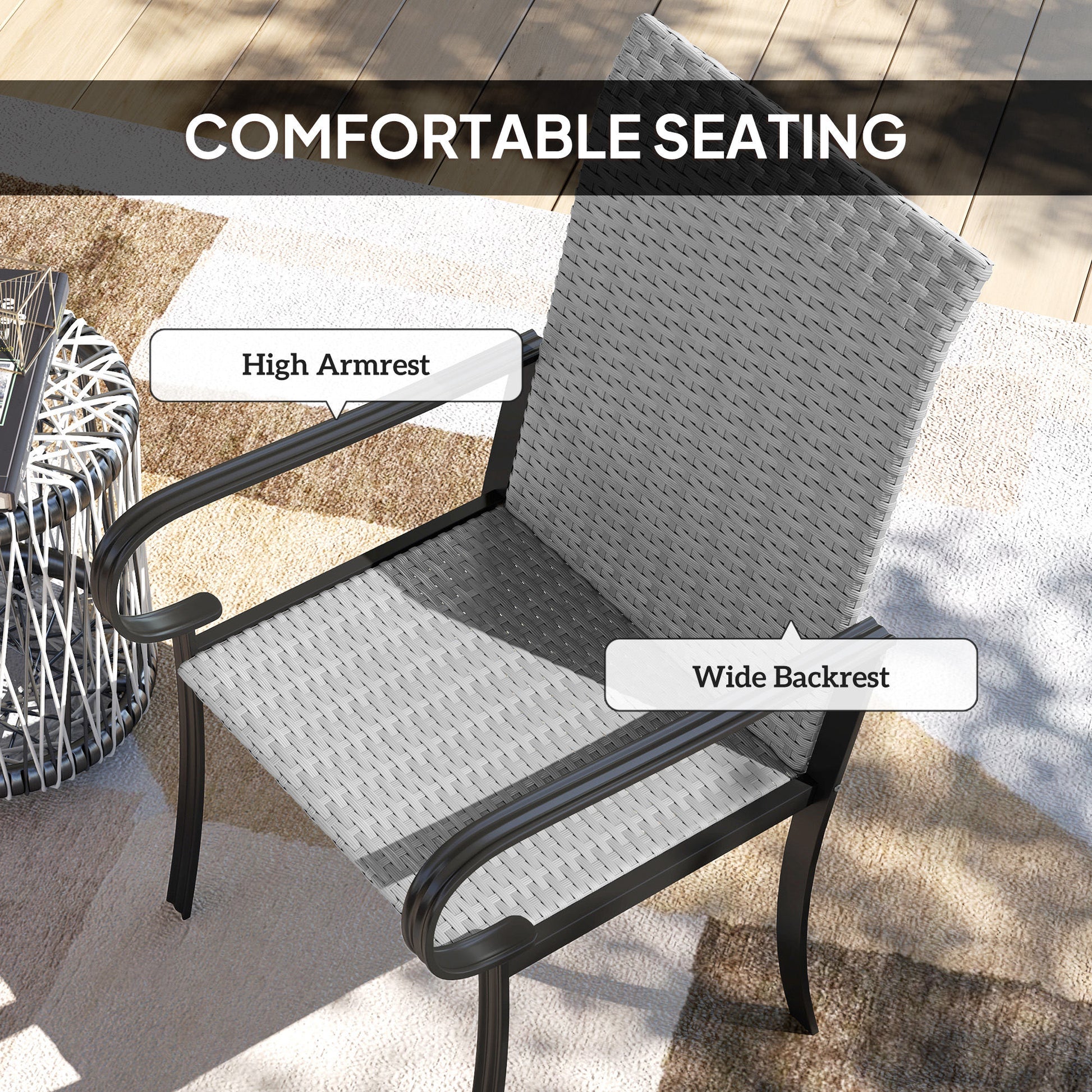 Set Of 2 Outdoor Wicker Dining Chairs With Armrest, Steel Frame, High Back And Deep Seating, Gray