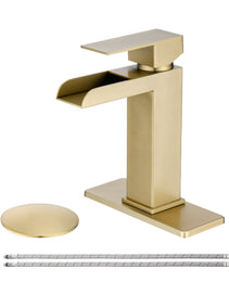 Waterfall Bathroom Faucet Brushed Gold Single Handle Bathroom Sink Faucets 1 Or 3 Hole Solid Vanity Faucet With Deck Plate & Overflow Pop Up Drain Brushed Gold