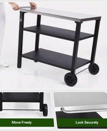 3-Tier Outdoor Grill Cart With Stainless Steel Top, Movable BBQ Prep Table With Wheels, Rolling Serving Bar Cart For Patio, Backyard, Pizza Oven Stand, Black