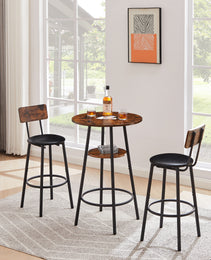 Round Bar Stool Set With Shelf, Upholstered Stool With Backrest, Rustic Brown, 23.62  W X 23.62  D X 35.43  H