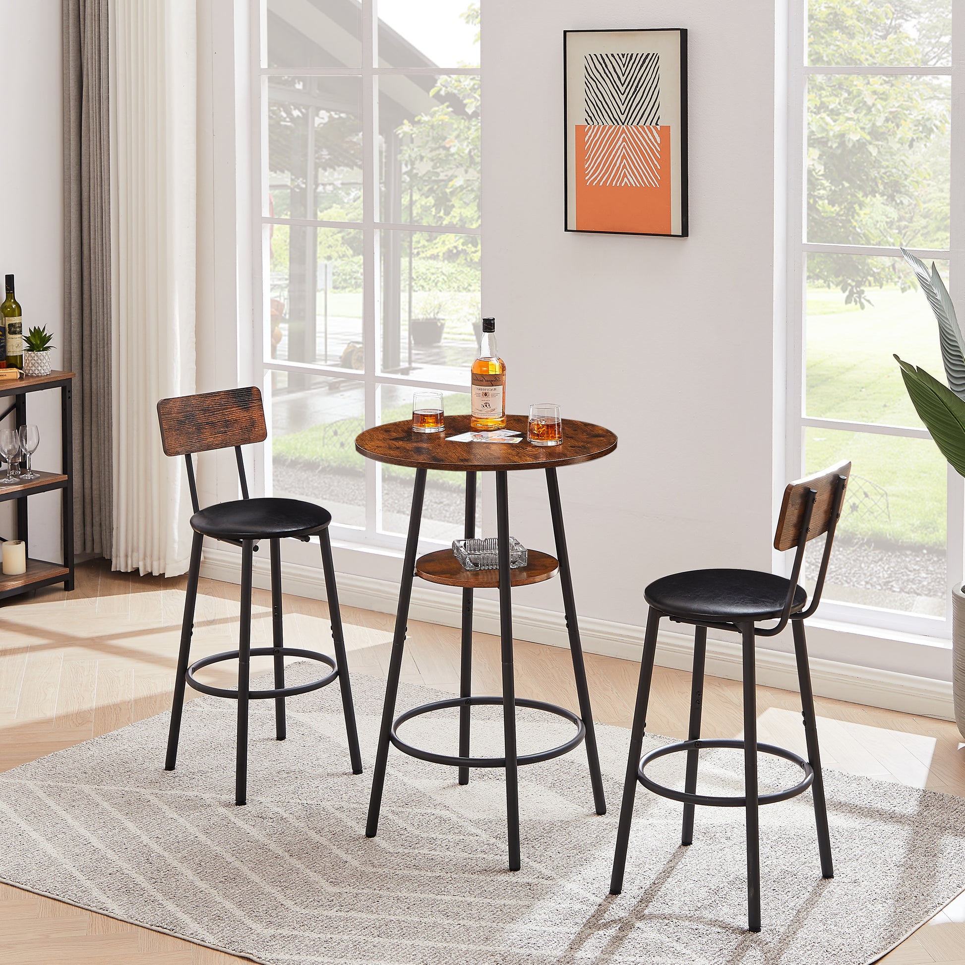 Round Bar Stool Set With Shelf, Upholstered Stool With Backrest, Rustic Brown, 23.62  W X 23.62  D X 35.43  H