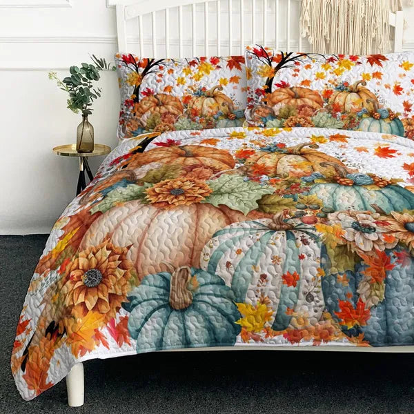 3PCS Colorful Oil Painting Pumpkin Pattern Quilt Set For All Seasons Flower Fall Leaves Bedding Set With 2 Pillowcases For Kids Adults Thanksgiving Day Gifts