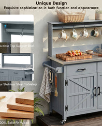 K&K 54.1  Outdoor Kitchen Island With High Shelf, Large Outdoor Potting Bench Table With Stainless Steel Top And Storage Cabinet, Solid Wood Grill Cart With Lockable Wheels For BBQ, Garden, Grey Blue