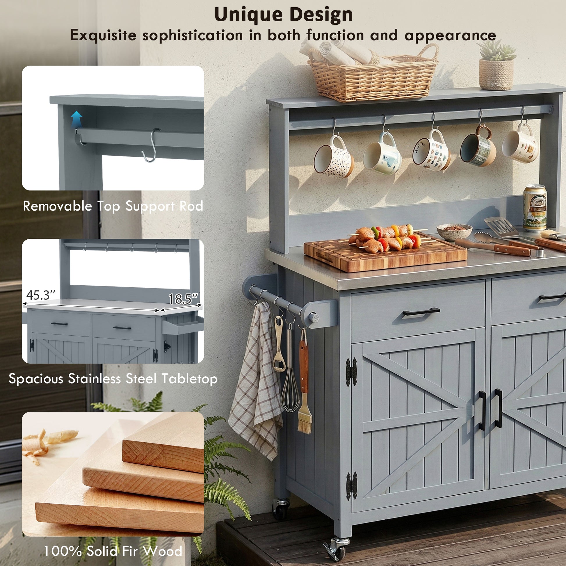 K&K 54.1  Outdoor Kitchen Island With High Shelf, Large Outdoor Potting Bench Table With Stainless Steel Top And Storage Cabinet, Solid Wood Grill Cart With Lockable Wheels For BBQ, Garden, Grey Blue