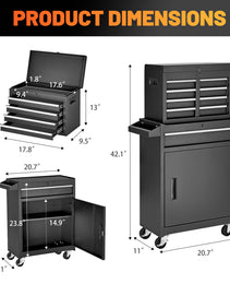 Tool Chest, 5-Drawer Rolling Tool Storage Cabinet With Detachable Top Tool Box, Liner, Universal Lockable Wheels, Adjustable Shelf, Locking Mechanism, Metal Tool Cart For Garage Workshop