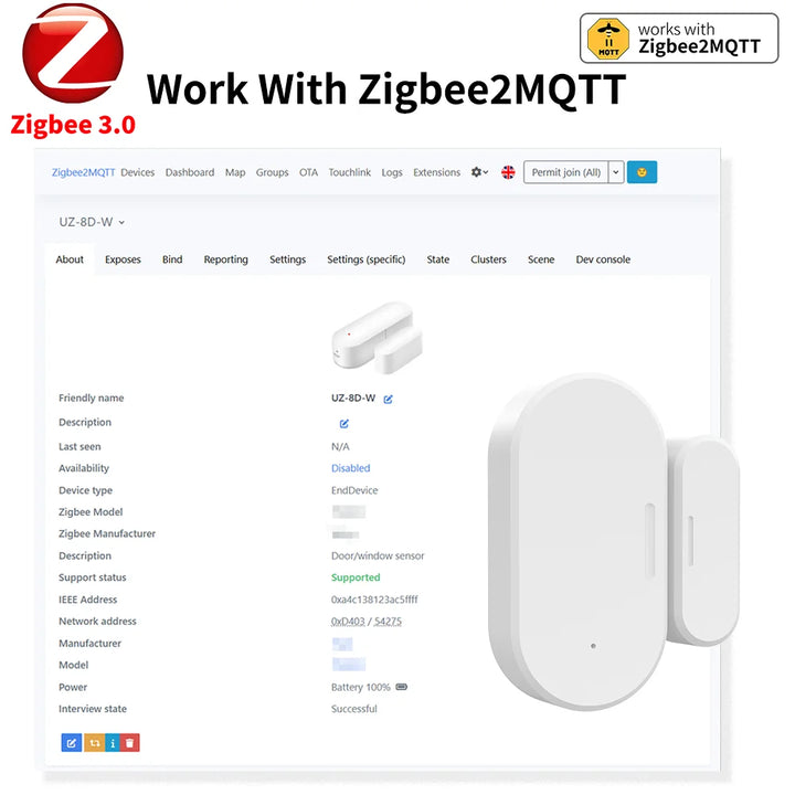 Zigbee Door Window Sensor UZ-5D Compatible with SmartLife Work With Yandex Alexa Zigbee2MQTT ZHA HomeAssistant