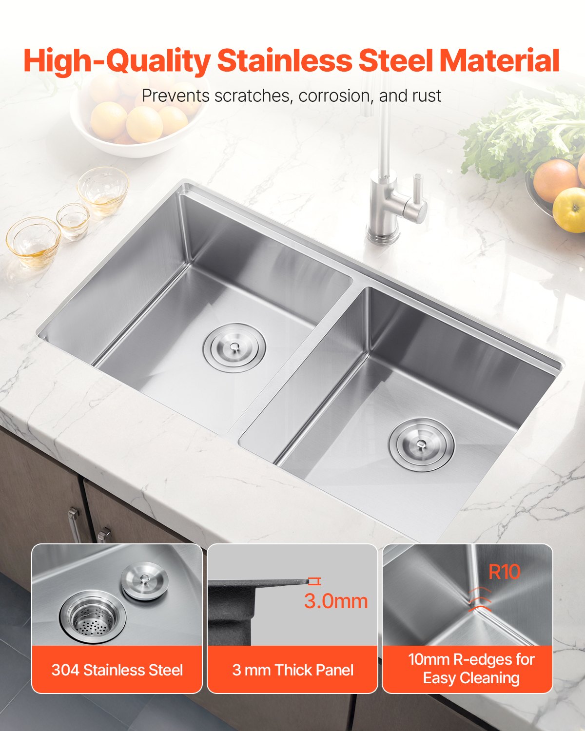 33' Kitchen Sink Undermount Double Bowl Drop-In Basin Stainless Steel Bar
