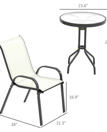 3 Pieces Bistro Set, Small Patio Furniture Set With Stackable Chairs And Glass Table For Backyard, Balcony, Beige