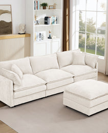 Modular Sectional Sofa, 102 Inch L Shaped Couch Set For Living Room, 3-Seater Comfy Cloud Couches With Movable Ottoman, DIY Combination, Chenille, Beige