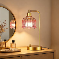 Pink Table Lamp Set of 2,Small Gold Bedside Lamps Dimmable Boho Bedroom Lamp with Tulip Flower Glass Lamp Shade,Vintage Mid Century Modern Mini Nightstand Lamp for Bedroom Living Room