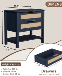 Rattan Nightstand With 2 Drawers And Storage Shelf Boho Bedside Narrow Side Table For Bedroom