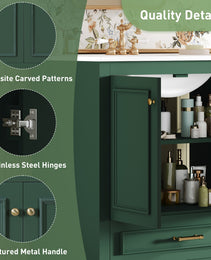 30 Luxurious Bathroom Vanity With Ceramic Sink, Bathroom Vanities Cabinet With 2 Large Soft Closing Doors, Solid Wood Frame Bathroom Storage Cabinet