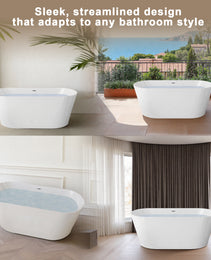 55 Acrylic Freestanding Bathtub, Stand Alone Soaking Tub, Glossy White Acrylic, Toe-tap Chrome Drain, CUPC Certified