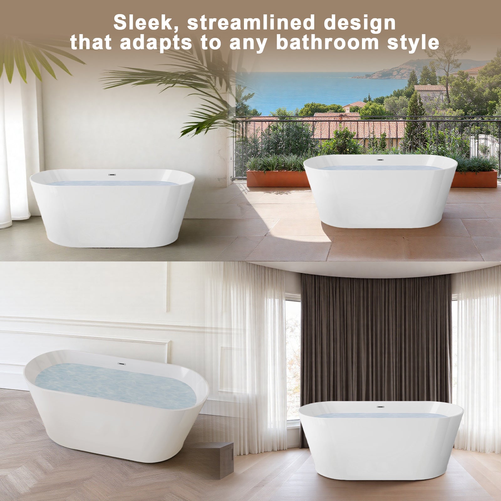 55 Acrylic Freestanding Bathtub, Stand Alone Soaking Tub, Glossy White Acrylic, Toe-tap Chrome Drain, CUPC Certified