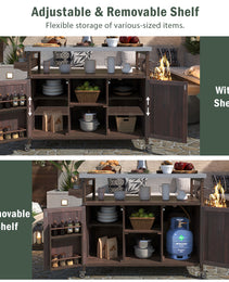 K&K Outdoor Kitchen Island, Rolling Bar Cart & Storage Cabinet, Farmhouse Solid Wood Outdoor Grill Table With Stainless Steel Top, Spice Rack , Towel Rack For Kitchen & Barbecue , Dark Brown