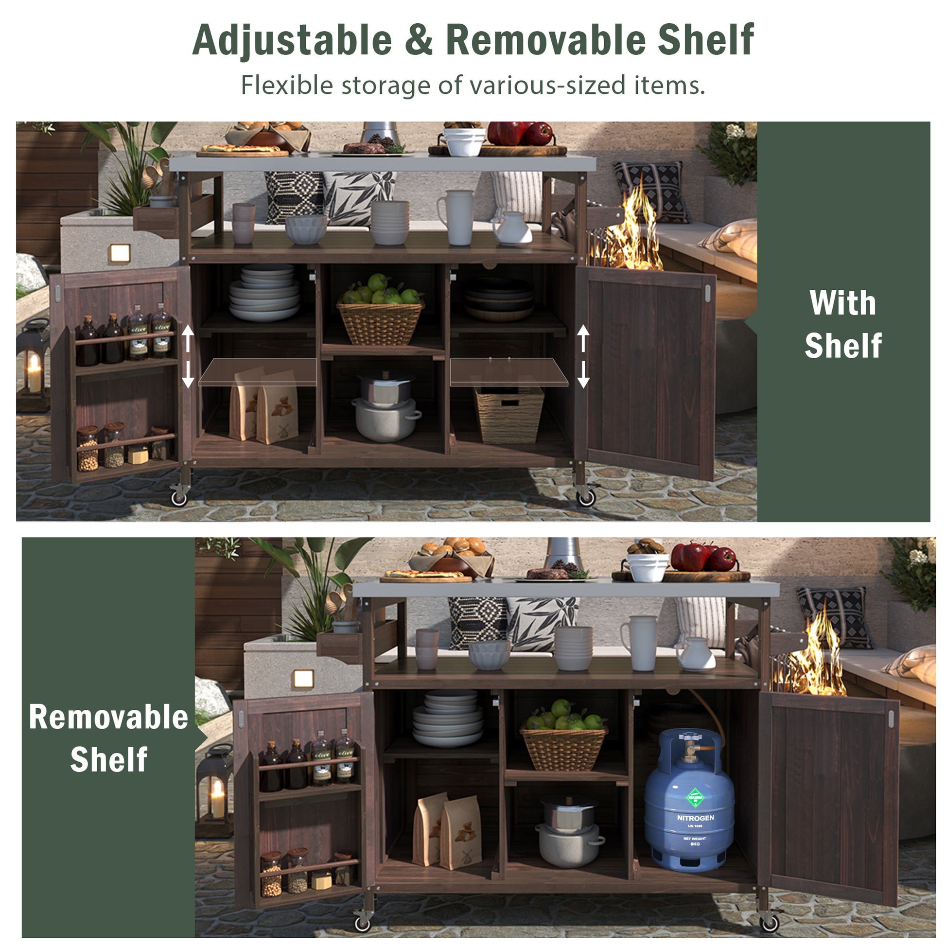 K&K Outdoor Kitchen Island, Rolling Bar Cart & Storage Cabinet, Farmhouse Solid Wood Outdoor Grill Table With Stainless Steel Top, Spice Rack , Towel Rack For Kitchen & Barbecue , Dark Brown