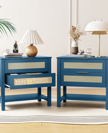 Rattan Nightstand With 2 Drawers And Storage Shelf Boho Bedside Narrow Side Table For Bedroom