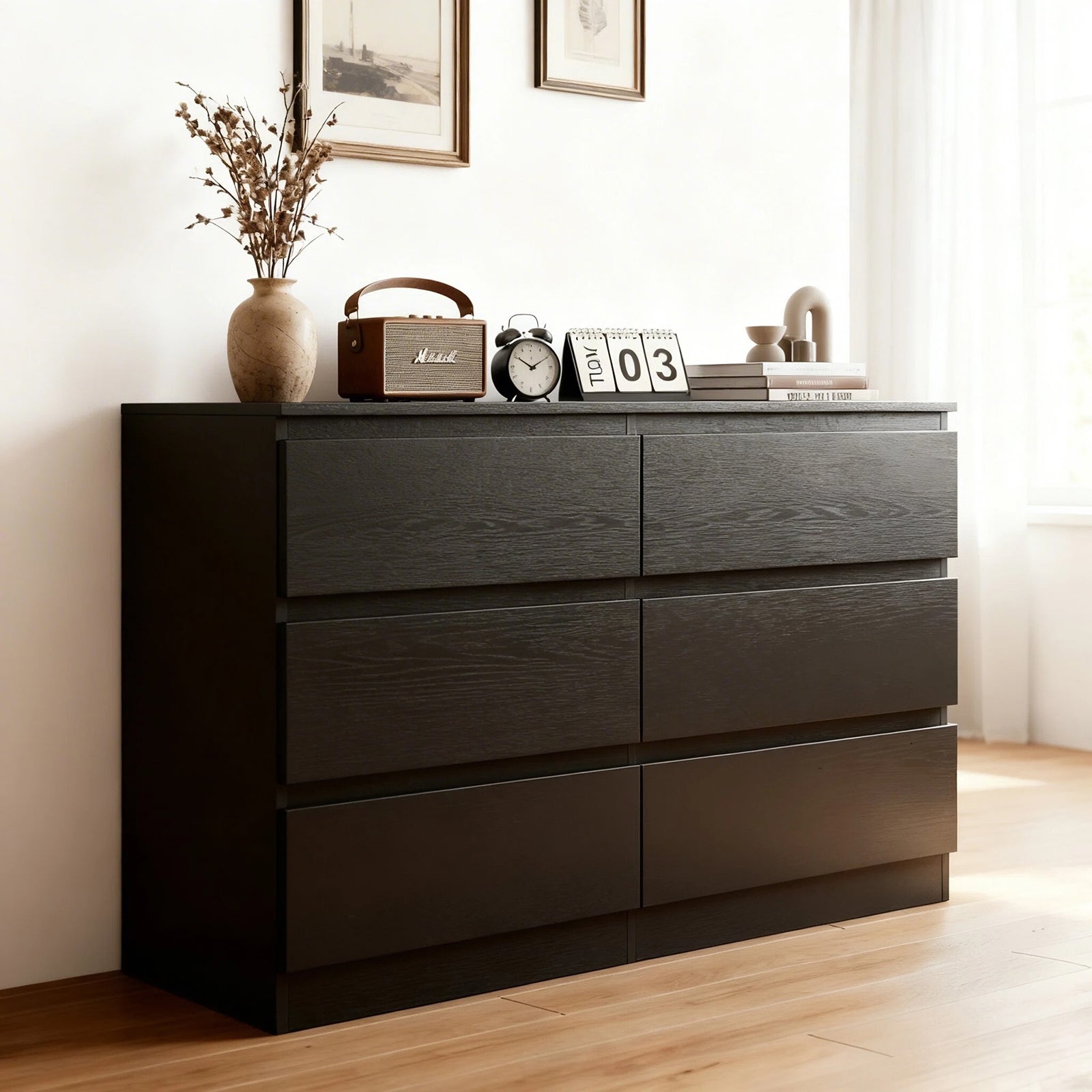 6 Drawer Black Dresser, Modern Bedroom Dresser With Spacious Countertop, Wood Storage Cabinet With Concealed Handles & 6 Deep Drawers For Bedroom, Living Room, Entryway, 15.7 D X 47.2W X 30.9 H