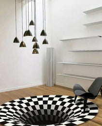 3D Vortex Carpet Black White Grid Bottomless Hole Illusion Rug Living Room Bedroom Anti-Slip Floor Mats Home Fashion Carpet Rugs