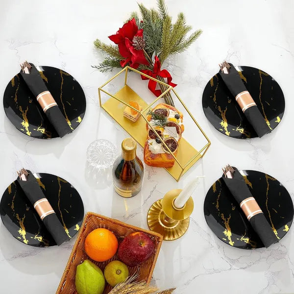 50 Pack Pre Rolled Rose Gold Plastic Silverware Set,Wrapped Plastic Cutlery Set With Napkin Include 50 Forks,50 Spoons,50 Knives And 50 Black Napkins For Party, Wedding