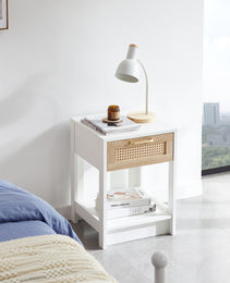 15.75  Rattan End Table With  Drawer, Modern Nightstand, Side Table For Living Room, Bedroom,white