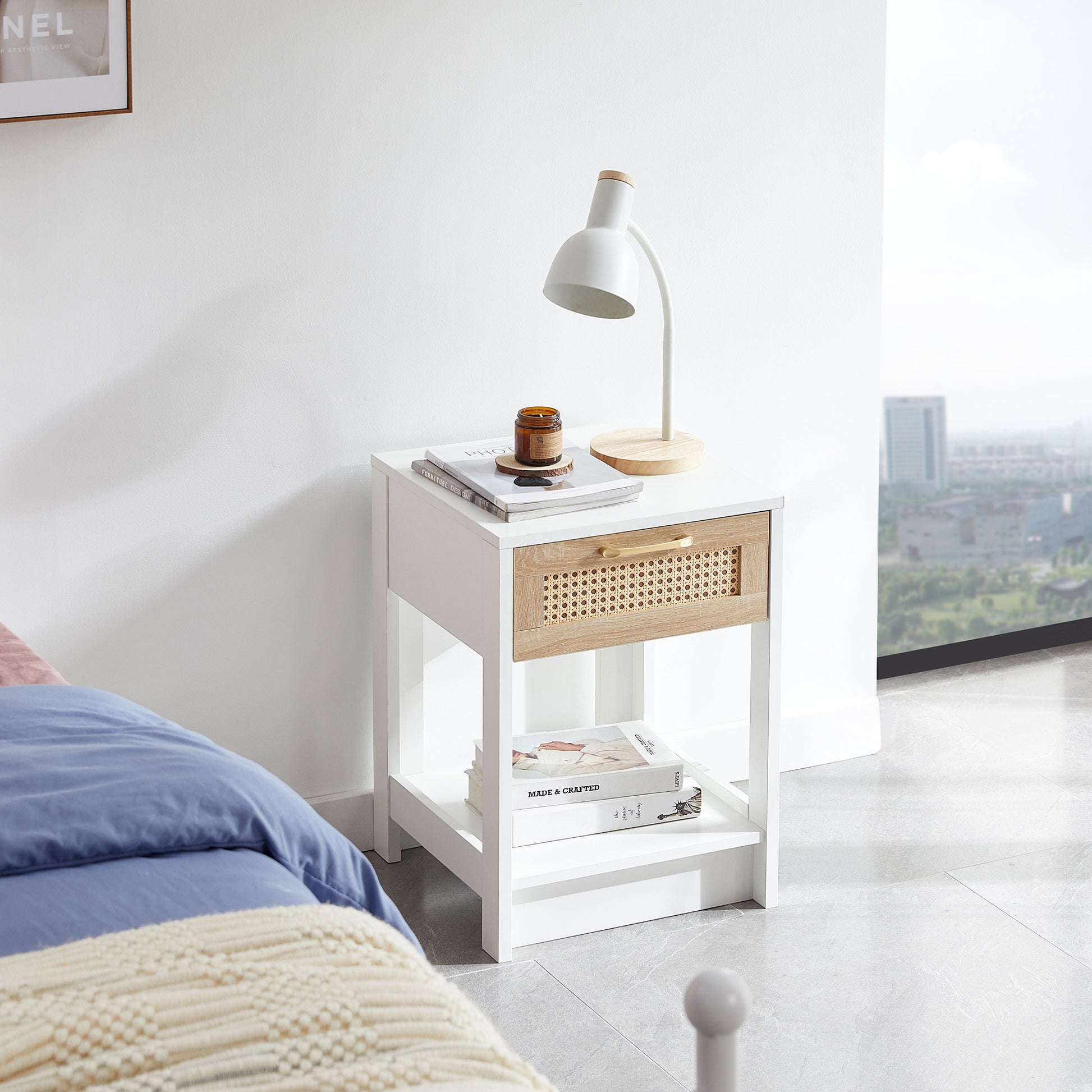 15.75  Rattan End Table With  Drawer, Modern Nightstand, Side Table For Living Room, Bedroom,white