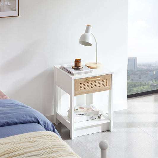 15.75  Rattan End Table With  Drawer, Modern Nightstand, Side Table For Living Room, Bedroom,white