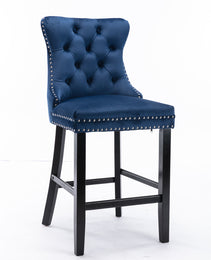 Contemporary Velvet Upholstered Barstools With Button Tufted Decoration And Wooden Legs, And Chrome Nailhead Trim, Leisure Style Bar Chairs,Bar Stools, Set Of 2 Blue,SW2002BL