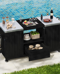 K&K 66.5  Outdoor Kitchen Island, Solid Wood Outdoor Grill Cart For Tabletop Grill With Stainless Steel Top, Drawer, Compatible With Large Big Green Egg, Kamado Joe  Black