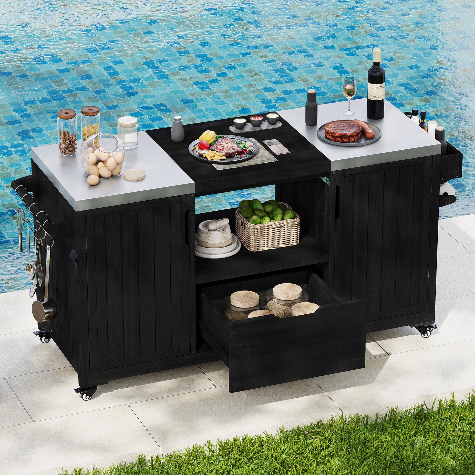 K&K 66.5  Outdoor Kitchen Island, Solid Wood Outdoor Grill Cart For Tabletop Grill With Stainless Steel Top, Drawer, Compatible With Large Big Green Egg, Kamado Joe  Black