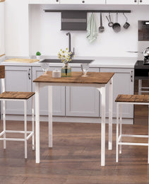 3 Piece Industrial Counter Height Dining Table Set, Bar Table & Chairs with Steel Legs & Footrests, White